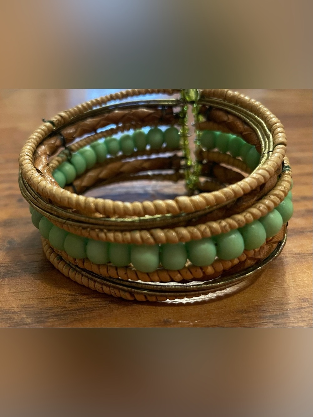 Handcrafted Vintage Mint Green Bead and Tan Wrapped Bangle Multi-Row Bracelet